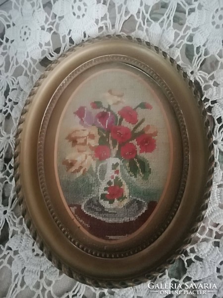 Beautiful antique micro hand tapestry pair in oval old frame