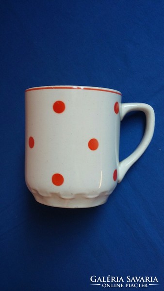 Old red polka dot granite ceramic mug