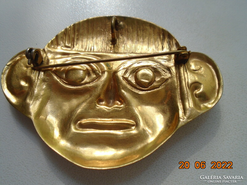 Gold-plated Inca Indian mask with green eyes brooch/pendant