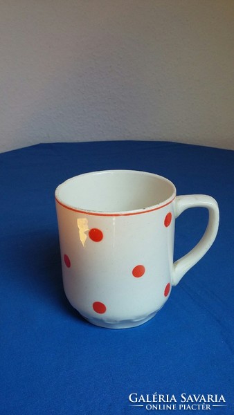 Old red polka dot granite ceramic mug