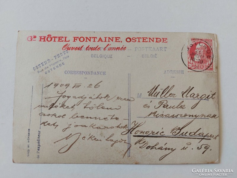 Régi képeslap 1909 fotó levelezőlap Ostende Grand Hotel