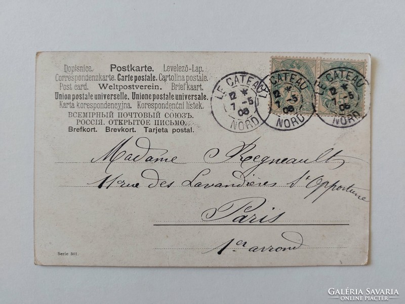 Régi képeslap 1908 művészeti levelezőlap M. Billing konyhai csendélet halak