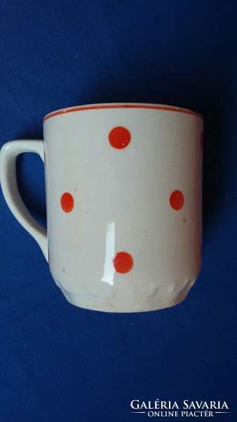 Old red polka dot granite ceramic mug