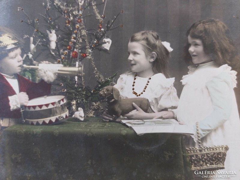 Old Christmas postcard photo postcard with kids Christmas tree toys