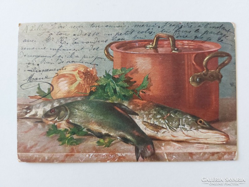 Régi képeslap 1908 művészeti levelezőlap M. Billing konyhai csendélet halak