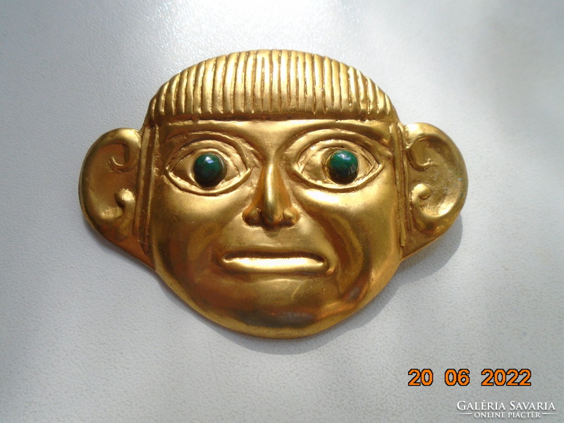 Gold-plated Inca Indian mask with green eyes brooch/pendant