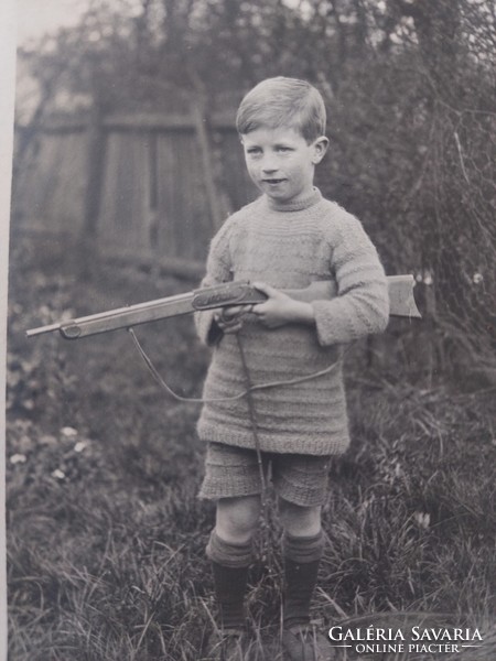 Old postcard photo postcard with little boy with rifle