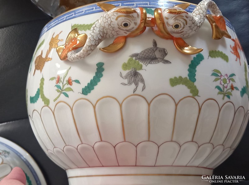 Herend porcelain: Poisson Koi fish soup bowl, 5 liter porcelain soup bowl with dome-shaped roof