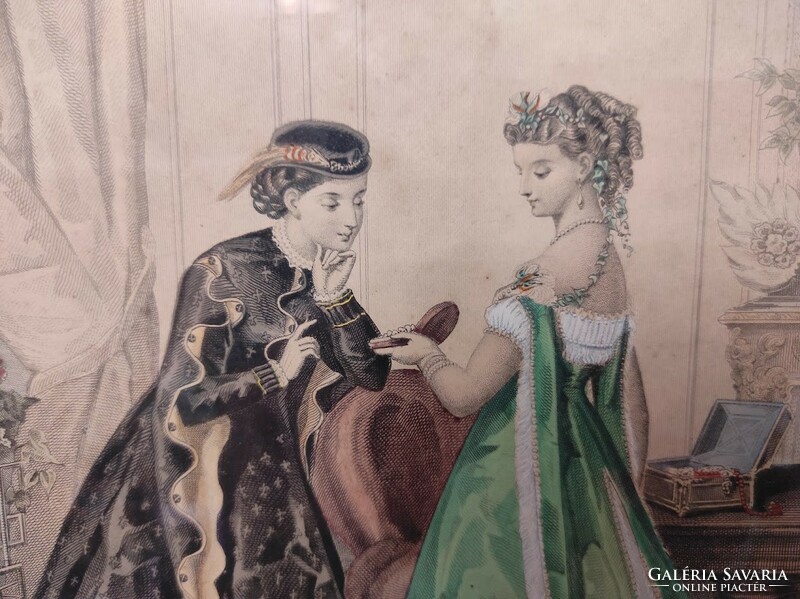 Antik biedermeier nyomat kép fali dekoráció ruha divat keretben 180. 5517