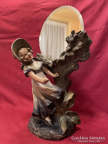 Old pottery: little girl with mirror 55,3cm !!!!