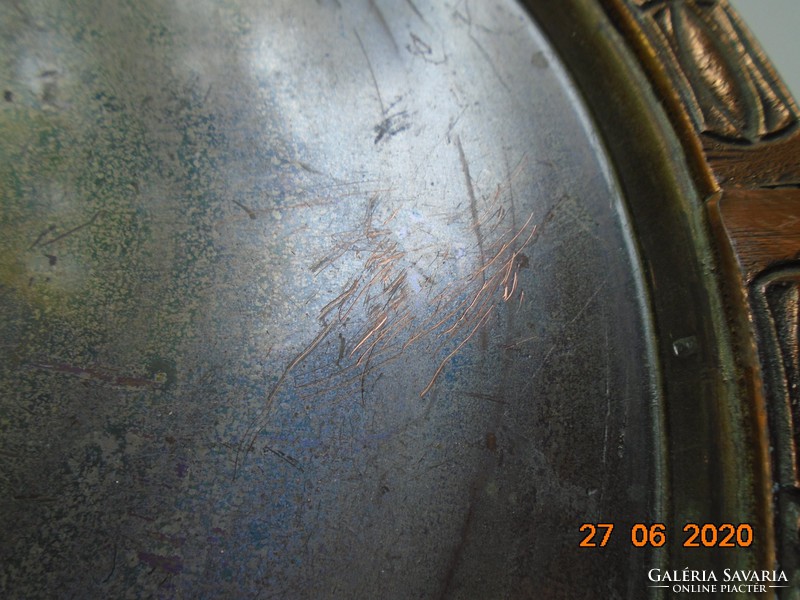 Heavy round tinned copper tray with bronze embossed rim