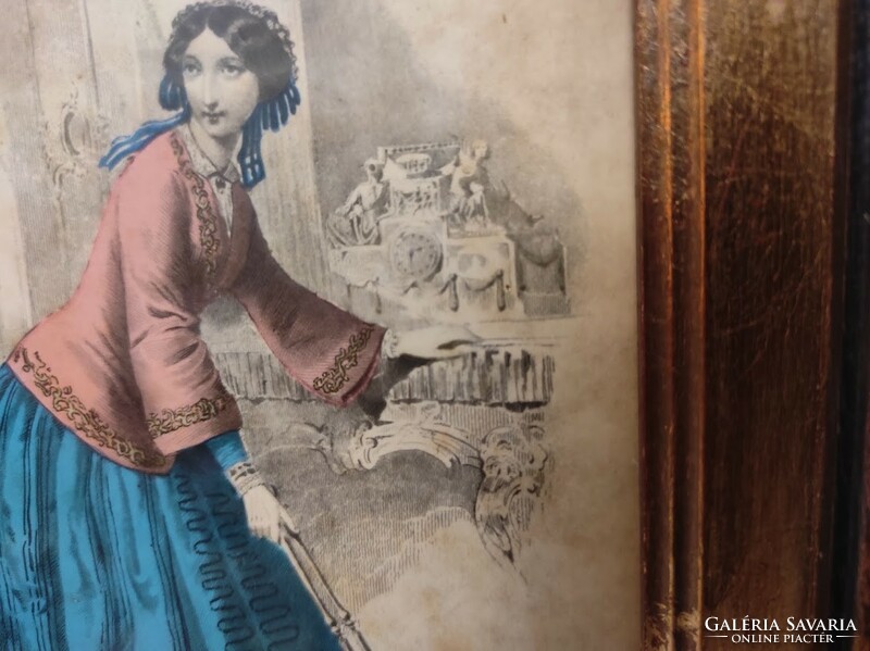 Antik biedermeier nyomat kép fali dekoráció ruha divat keretben 184. 5521