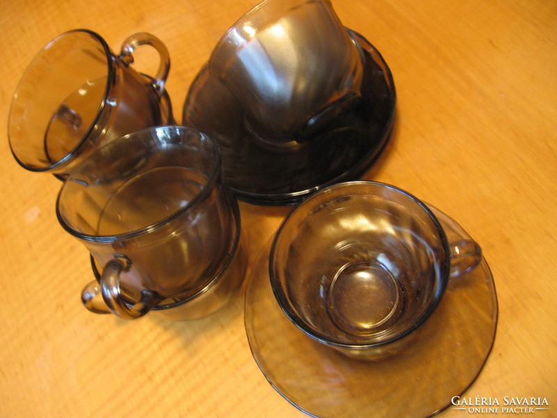 Smoke colored glass frosted, wavy striped tea, coffee set face
