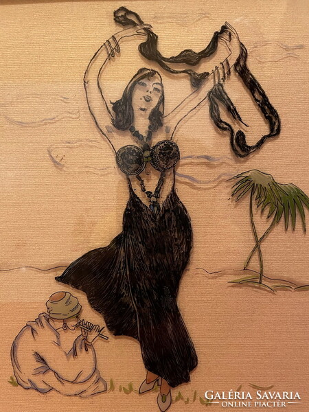 Hinterglas, oriental dancer painted on glass from behind