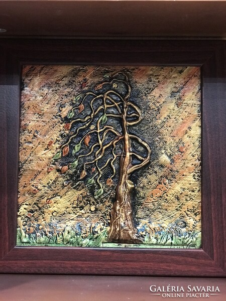 Életfa kerámia jellegű kézműves falikép