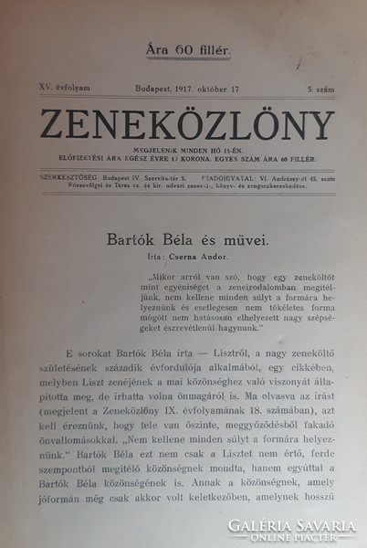 ZENEKÖZLÖNY  - CSERNA ANDOR : BARTÓK BÉLA ÉS MŰVEI  1917   --  RITKA !