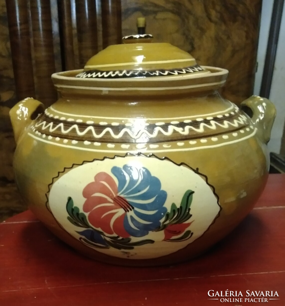 Old vintage Transylvanian folk ceramic earthenware pot with flowers approx. 6 liters pot with lid cooking pot with legs 36x25cm