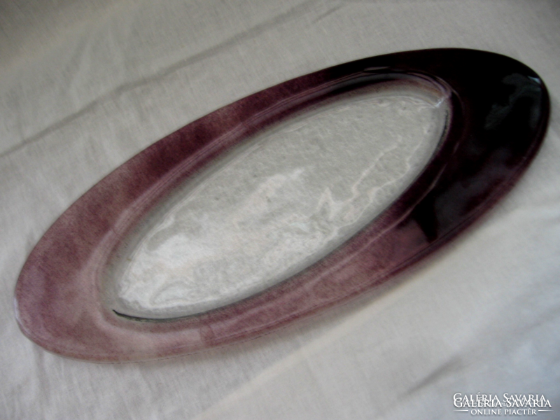 Artistic oval burgundy-transparent glass bowl, tray and candle holder