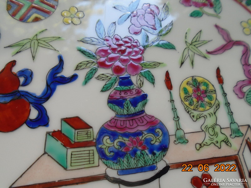 Antik kínai dísztál kidomborodó színes zománc mintákkal, kézzel festett váza  és lótusz mintákkal