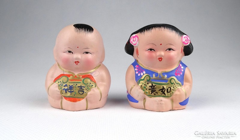 1J563 old wuxi sitting clay figure boy girl couple 6 cm