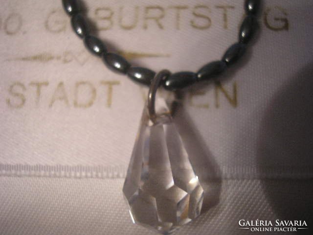 Healing antique genuine hematite bead with crystal pendant carabiner clasp 41 cm