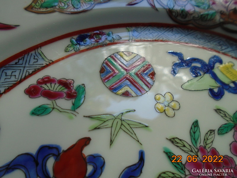 Antique Chinese decorative bowl with raised colored enamel designs, hand painted vase and lotus designs