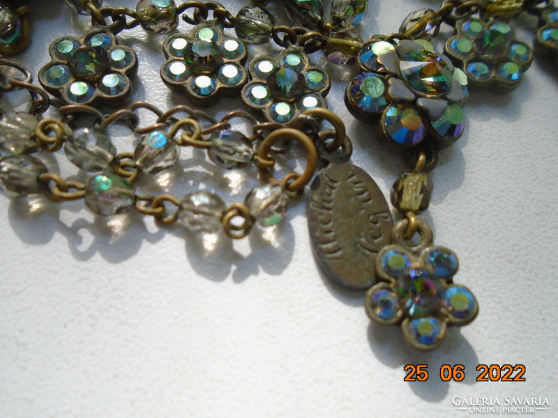 Michal Negrin Marked Handmade Floral Necklace with Swarovski Crystals in Bronze Socket