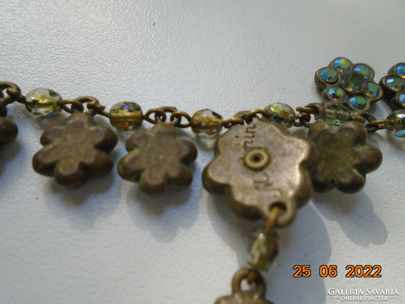 Michal Negrin Marked Handmade Floral Necklace with Swarovski Crystals in Bronze Socket