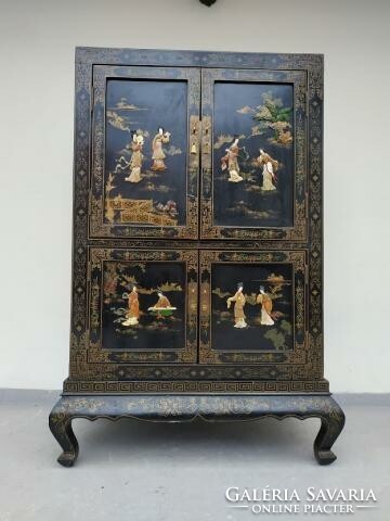 Antique Chinese Asian Furniture Emboss Inlaid Painted Geisha Motif Large Black Lacquer Cabinet 2020