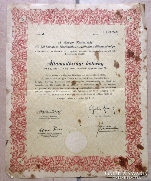 Republic of Hungary government debt bond bp.1946 Wheat bond 10 kg.4% Interest rate
