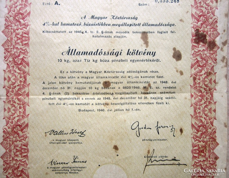 Magyar Köztársaság Államadóssági kötvény Bp.1946 július 1. Búzakötvény 10 kg.4% kamatozó