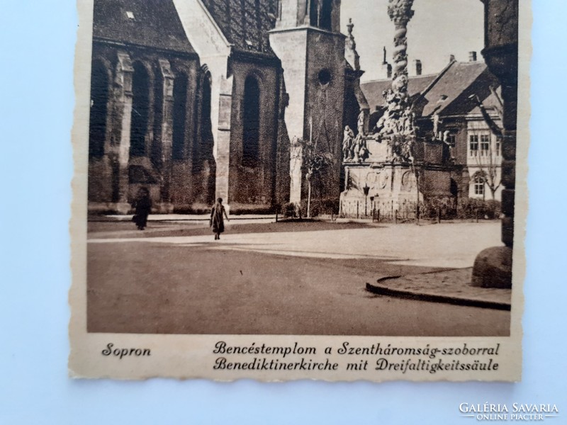 Régi képeslap 1942 Sopron Bencés templom Szentháromság szobor fotó levelezőlap