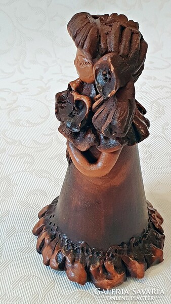 The work of György Újpál. Beautiful, old, brown-glazed, ceramic little girl with flowers. 17.5 cm. Significance.