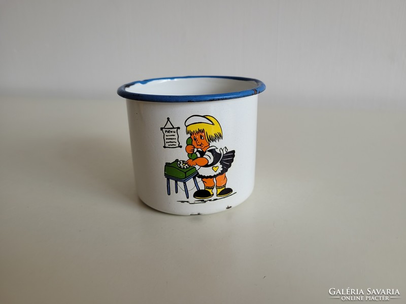 Old retro enamel phoning little girl pattern enameled kid mug