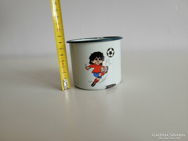 Old retro enamel athlete soccer little boy with patterned enamel kid mug