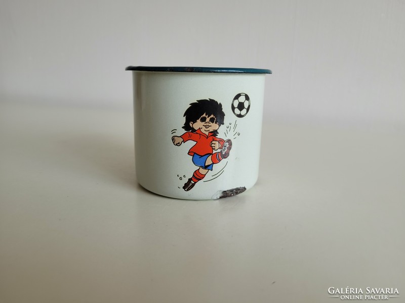 Old retro enamel athlete soccer little boy with patterned enamel kid mug