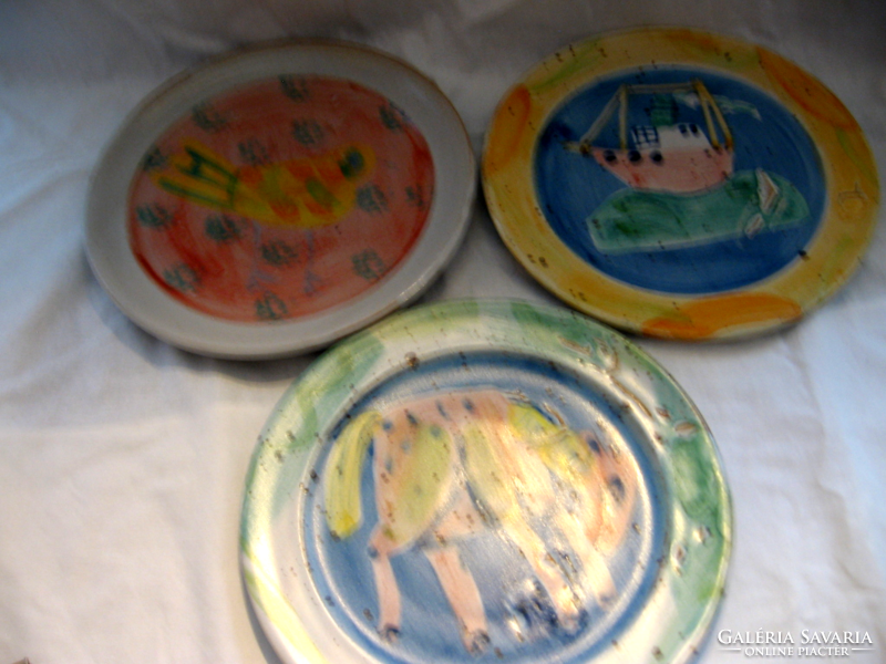 3 pcs marked studio ceramic stoneware decorative plate in one