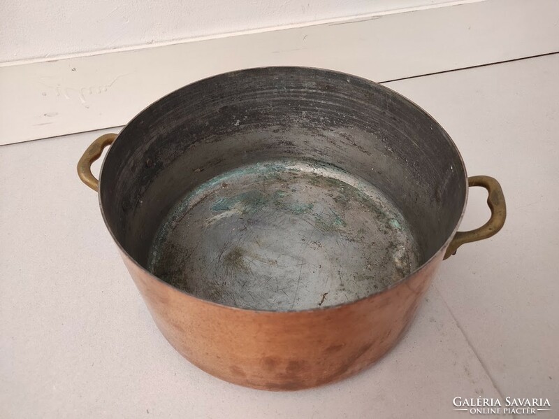 Antique Kitchen Utensil Copper Heavy Tinned Pot with Two Brass Handles 415 5672