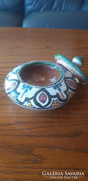 Old Moroccan red clay, marked, painted, glazed bonbonier / tea container