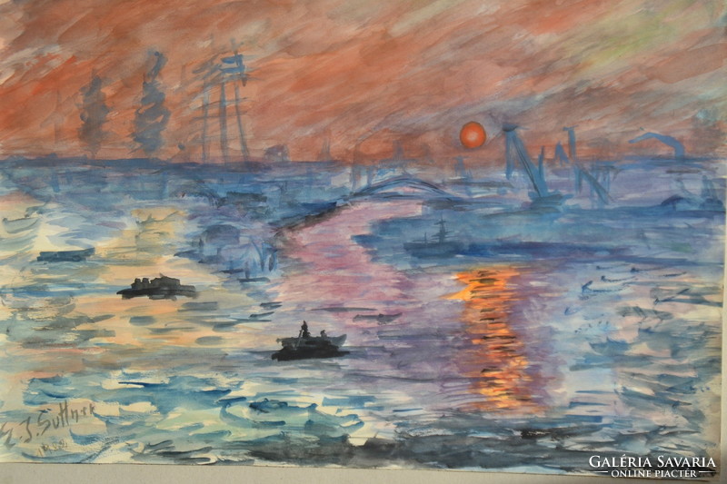 Watercolor painting of sea port at sunset. Sign without frame.