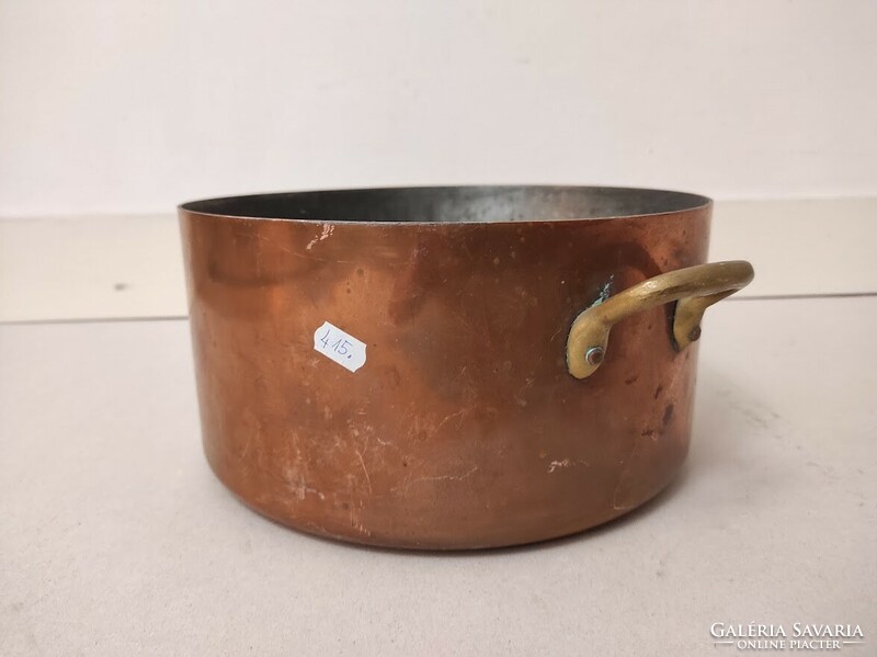 Antique Kitchen Utensil Copper Heavy Tinned Pot with Two Brass Handles 415 5672
