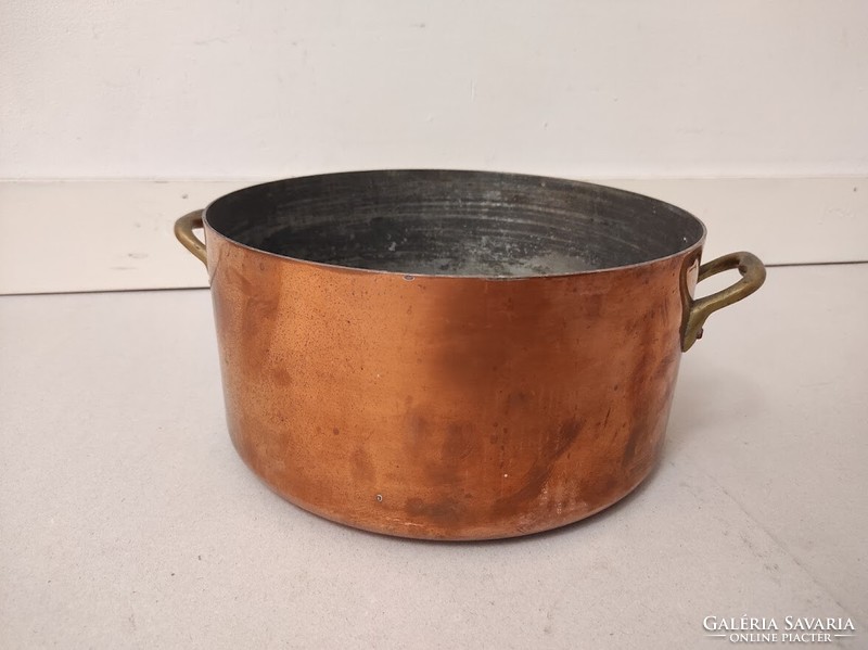 Antique Kitchen Utensil Copper Heavy Tinned Pot with Two Brass Handles 415 5672