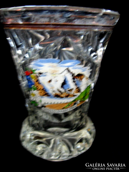 Antique crystal painted Bieder memorial vase with grossglockner