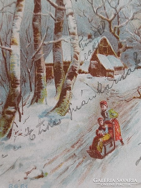 Régi képeslap 1899 levelezőlap havas táj fenyőág