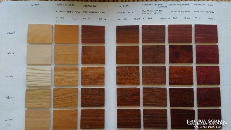 Stain catalog - painters, carpenters, etc. For him, 84 color samples for 6 types of wood, in Hungarian and German