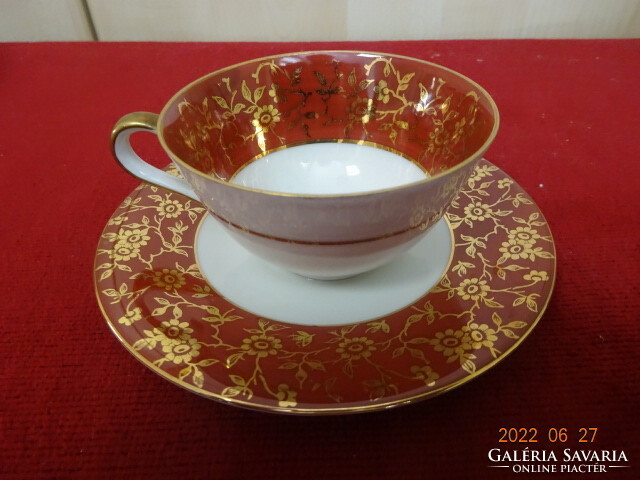 German porcelain, antique coffee cup + placemat. Gold pattern on a burgundy background. He has! Jókai.