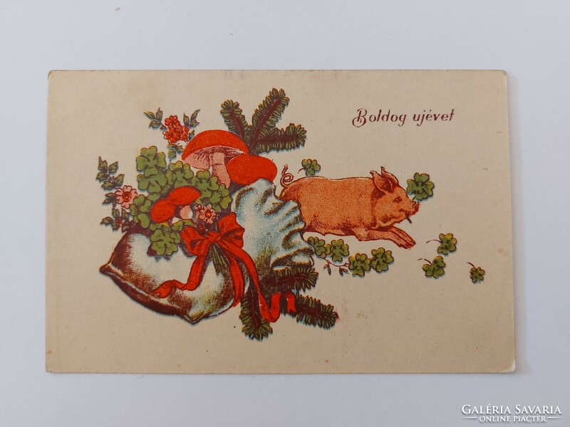 Régi újévi képeslap rajzos levelezőlap gomba malac lóhere
