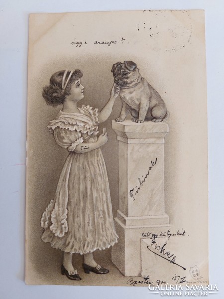 Régi képeslap dombornyomott 1900 levelezőlap kislány kiskutya