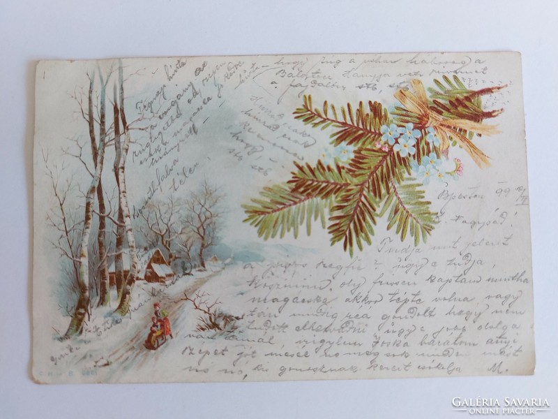 Régi képeslap 1899 levelezőlap havas táj fenyőág