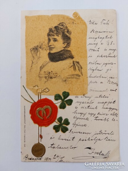 Old embossed postcard 1900 postcard lady clover fortune